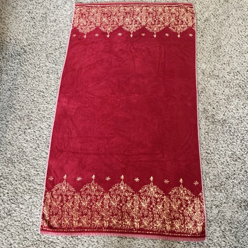 Southern Living 3pc Towel Set Red Gold Reversible Jacquard Made Portugal